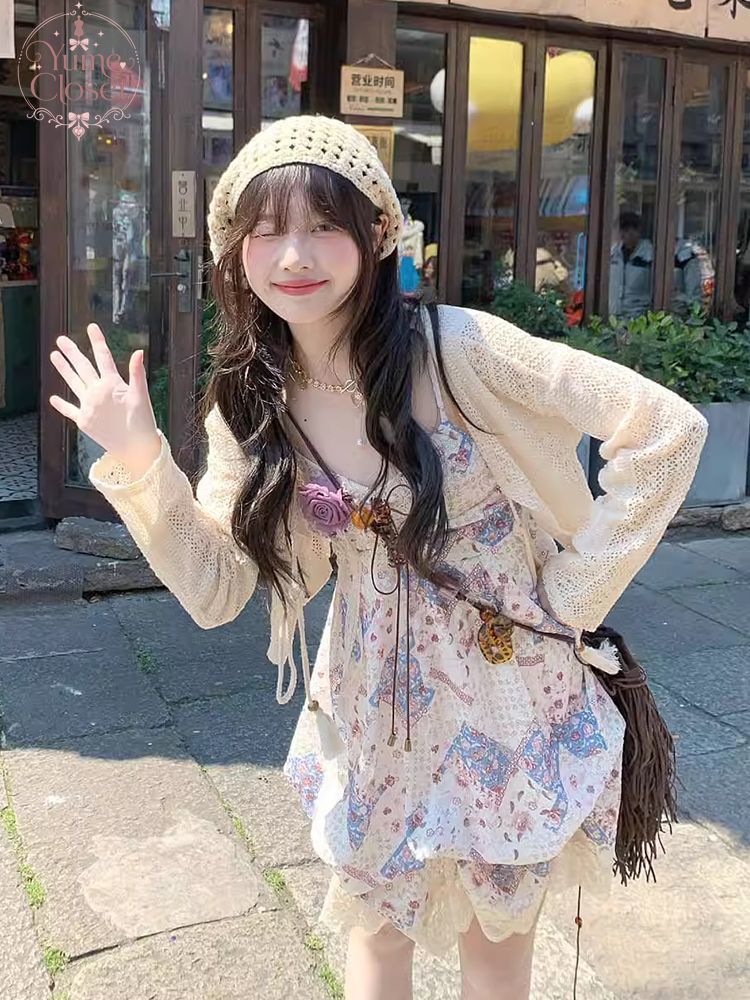 Summer Vintage Cami Dress Set  - Elastic Lace Trim ulasan dan harga